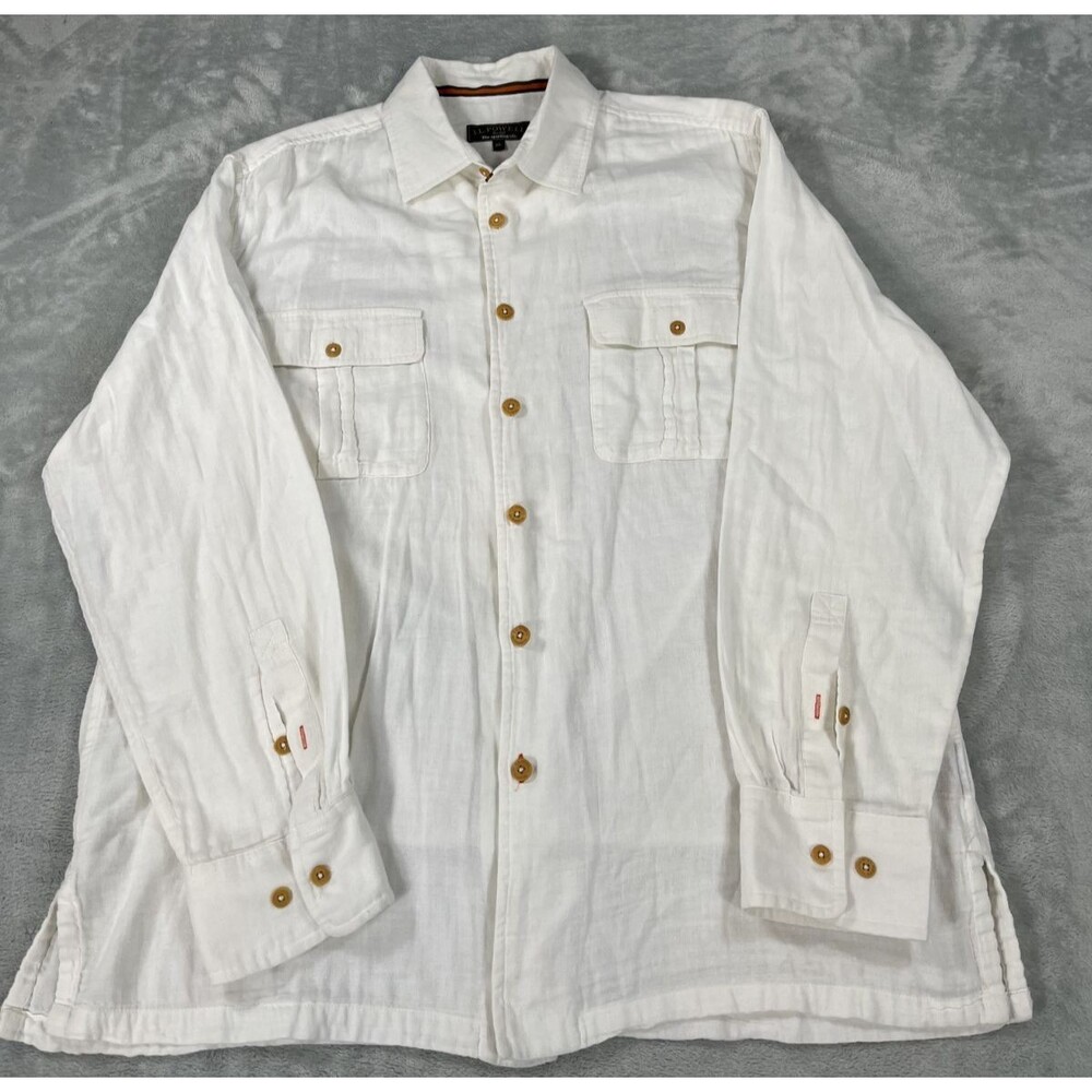 JL Powell Linen Shirt Mens XL White Long Sleeve Dual Pockets Sporting Life